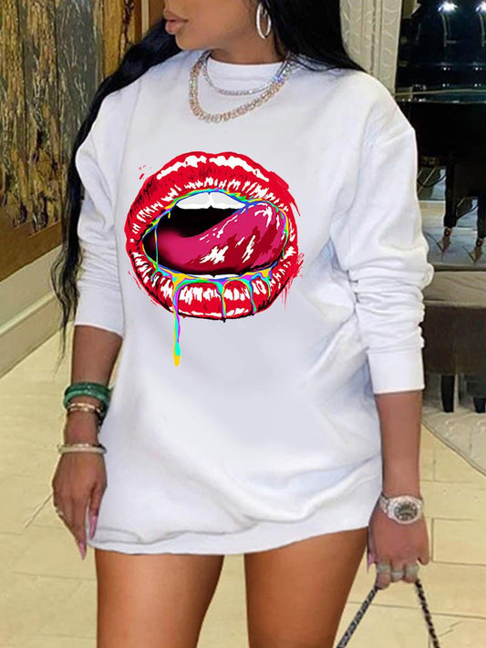 Street Sexy Mouth Print Crew Neck Pullover Sweatshirt