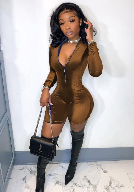 Velvet Zipper Down Long Sleeve Rompers For The Ladies