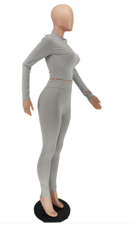 Solid Zipper 2 Piece Grey Set