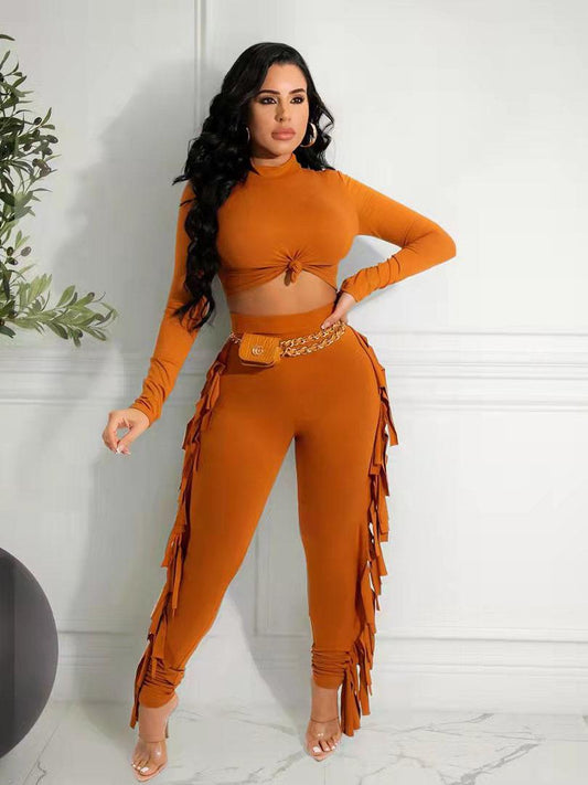 Casual Matching Fringe Top And Trouser Sets For Women